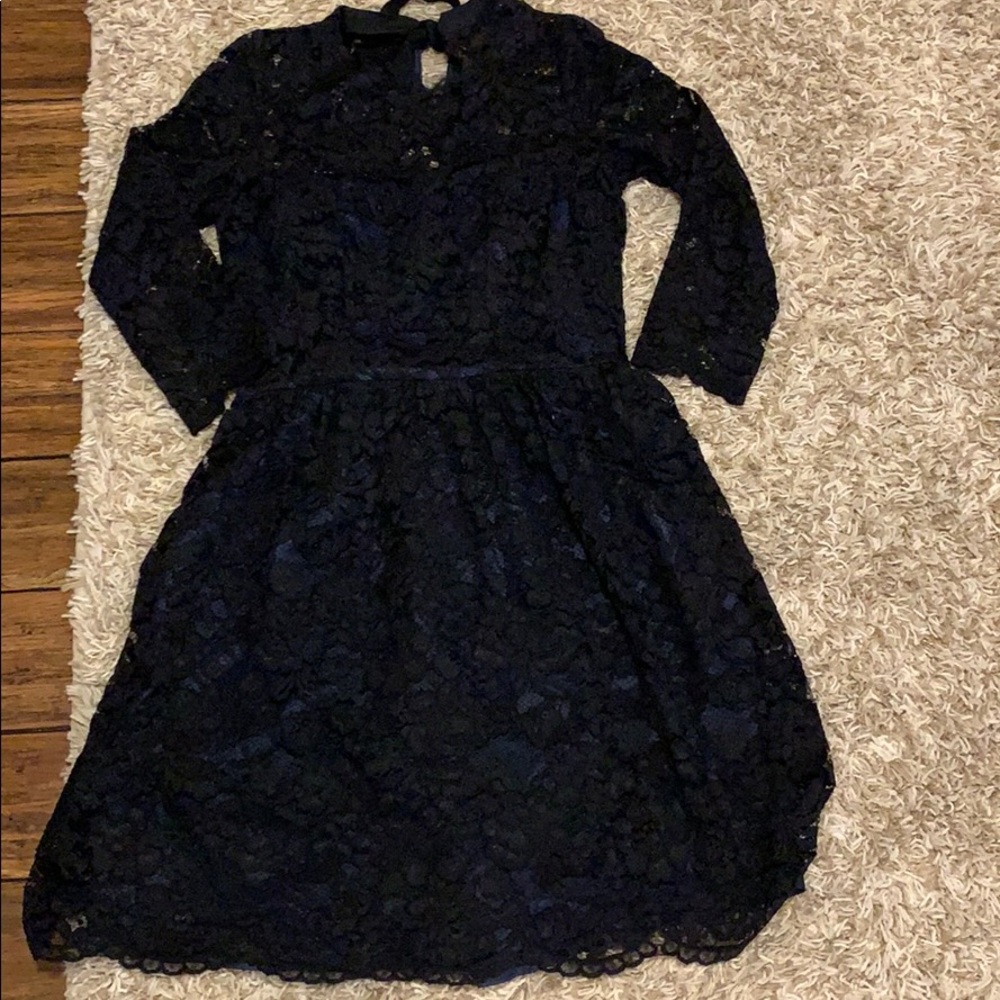 Boden Black lace dress with blue slip underneath